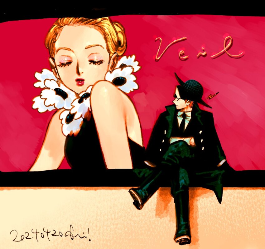 1boy, 1girl, alexander_(veil), black_coat, black_dress, blonde_hair, closed_eyes, coat