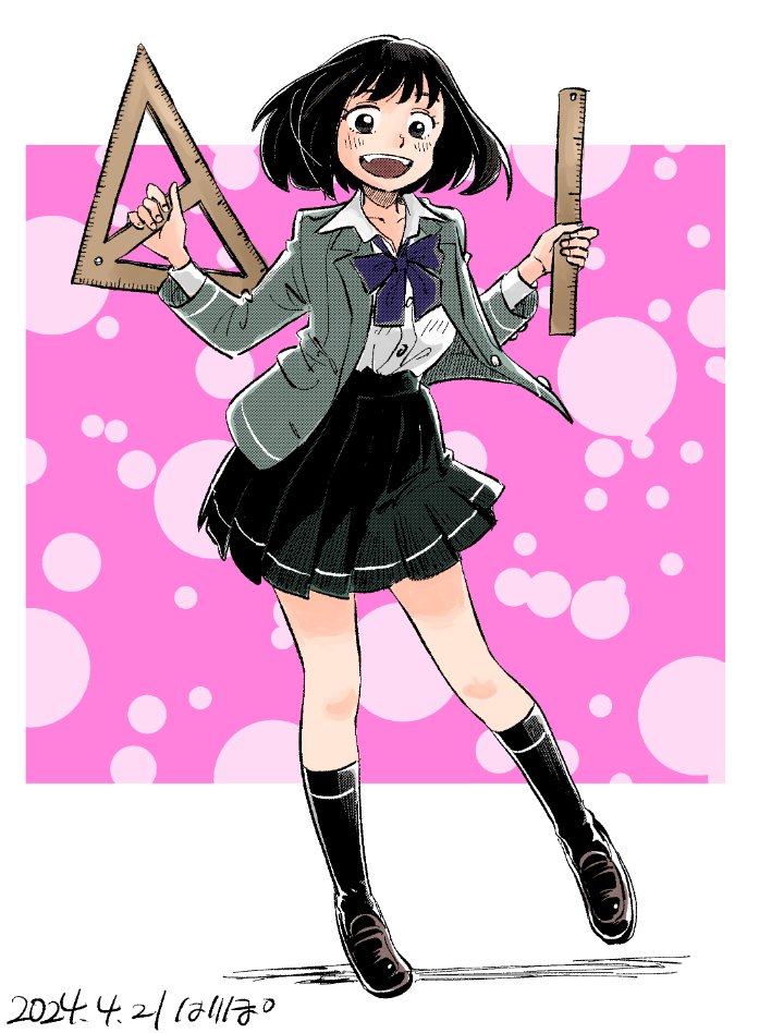 1girl, black_hair, black_shoes, black_skirt, black_socks, bow, bowtie, brown_eyes, dated, full_body, grey_jacket, hari_tabo42, holding, holding_ruler, jacket, loafers, open_clothes, open_jacket, open_mouth, original, pink_background, pleated_skirt, purple_bow, purple_bowtie, ruler, school_uniform, shirt, shoes, short_hair, signature, skirt, socks, solo, teeth, upper_teeth_only, white_shirt