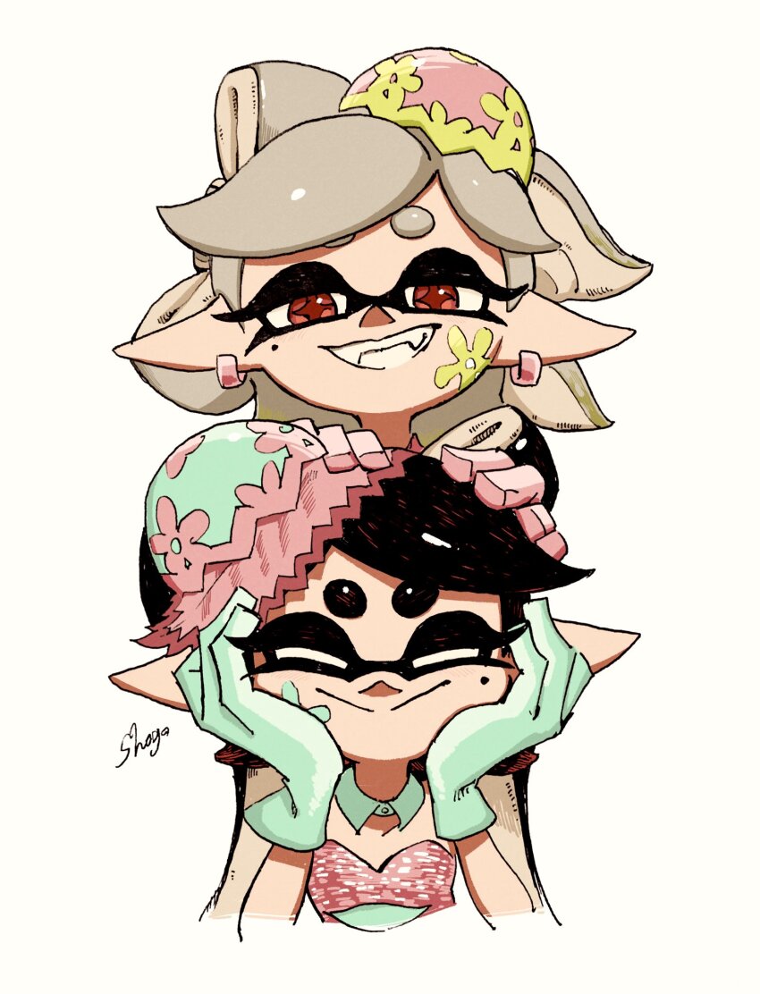 2girls, artist_name, black_hair, bow-shaped_hair, callie_(splatoon), callie_(springfest)_(splatoon), closed_eyes, closed_mouth