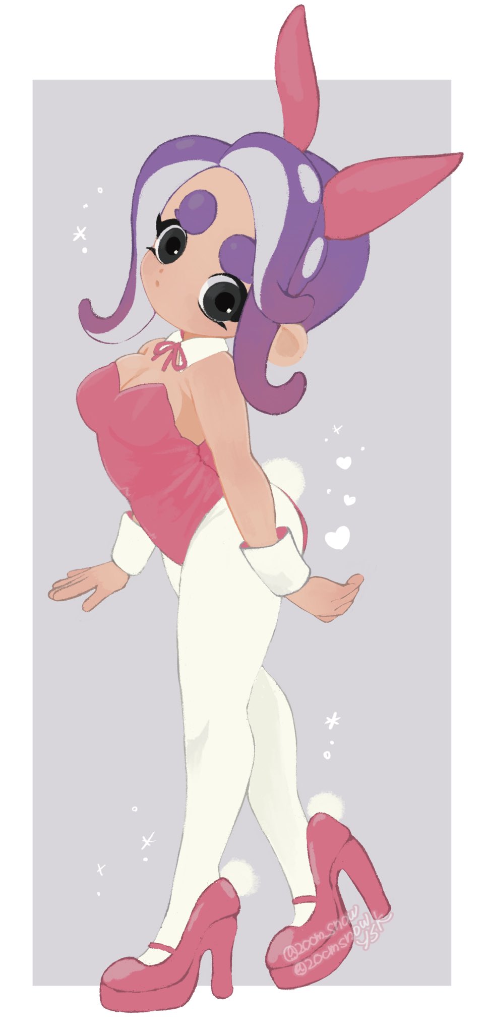 1girl, 20cm_snow, animal_ears, bare_shoulders, black_eyes, border, breasts, cleavage, closed_mouth, collar, commentary_request, detached_collar, dot_mouth, dot_nose, fake_animal_ears, full_body, grey_background, head_tilt, high_heels, highres, huge_eyebrows, leotard, long_hair, neck_ribbon, nintendo, octoling, octoling_girl, octoling_player_character, pantyhose, pink_leotard, pink_ribbon, pink_shoes, playboy_bunny, purple_hair, rabbit_ears, ribbon, shoes, solo, splatoon_(series), standing, strapless, strapless_leotard, suction_cups, tentacle_hair, twitter_username, watermark, white_border, white_collar, white_pantyhose, wrist_cuffs