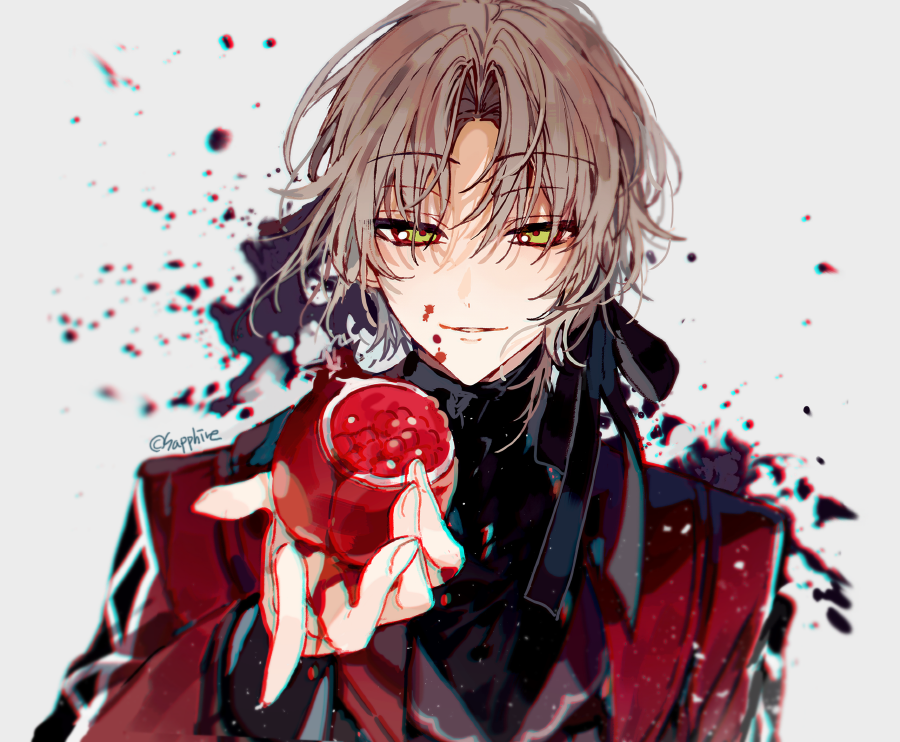 1boy, ambiguous_red_liquid, black_ribbon, black_shirt, brown_hair, coat, food, forever_7th_capital
