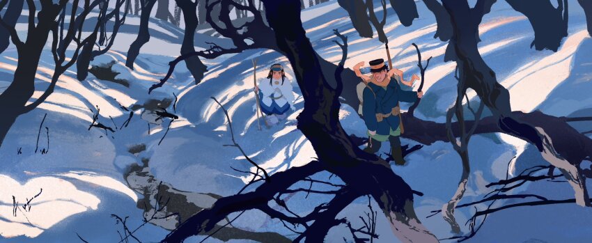1boy, 1girl, asirpa, backpack, bag, bare_tree, belt_pouch, blue_jacket