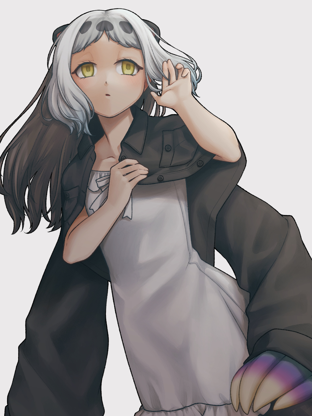 1girl, anchan_january, animal_ears, black_jacket, brown_hair, claws, dress, extra_ears