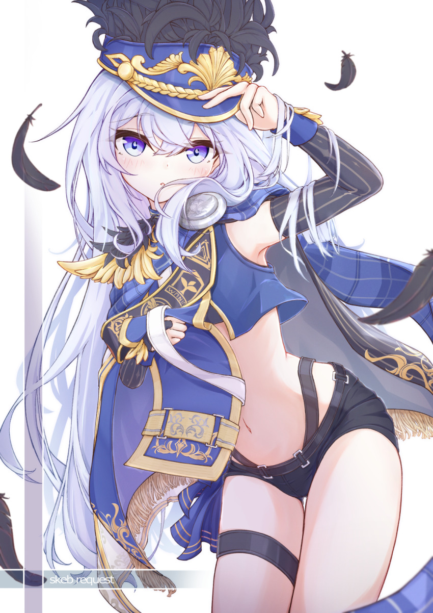 1girl, arm_up, armpits, blue_eyes, clothes_lift, commission, contrail_mk1, cowboy_shot, feathers, girls'_frontline, girls'_frontline_neural_cloud, hat, highres, long_hair, navel, short_shorts, shorts, skeb_commission, solo, undine_(neural_cloud), white_hair