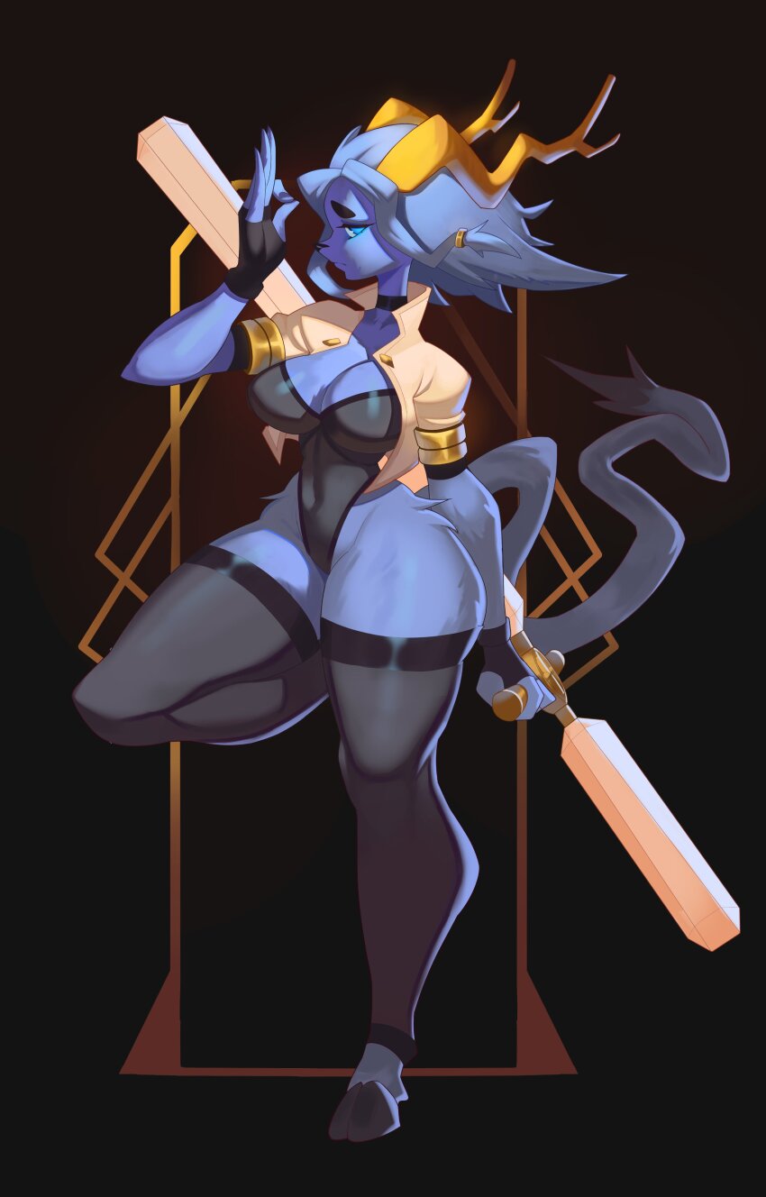 1girl, absurdres, antlers, arm_up, black_background, black_choker, black_gloves, black_leotard