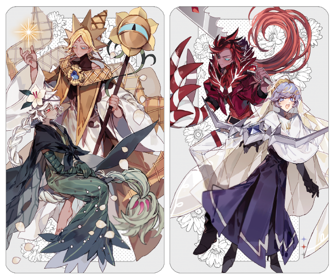 2boys, 2girls, arm_warmers, black_cape, black_footwear, black_gloves, bow_(weapon), braid