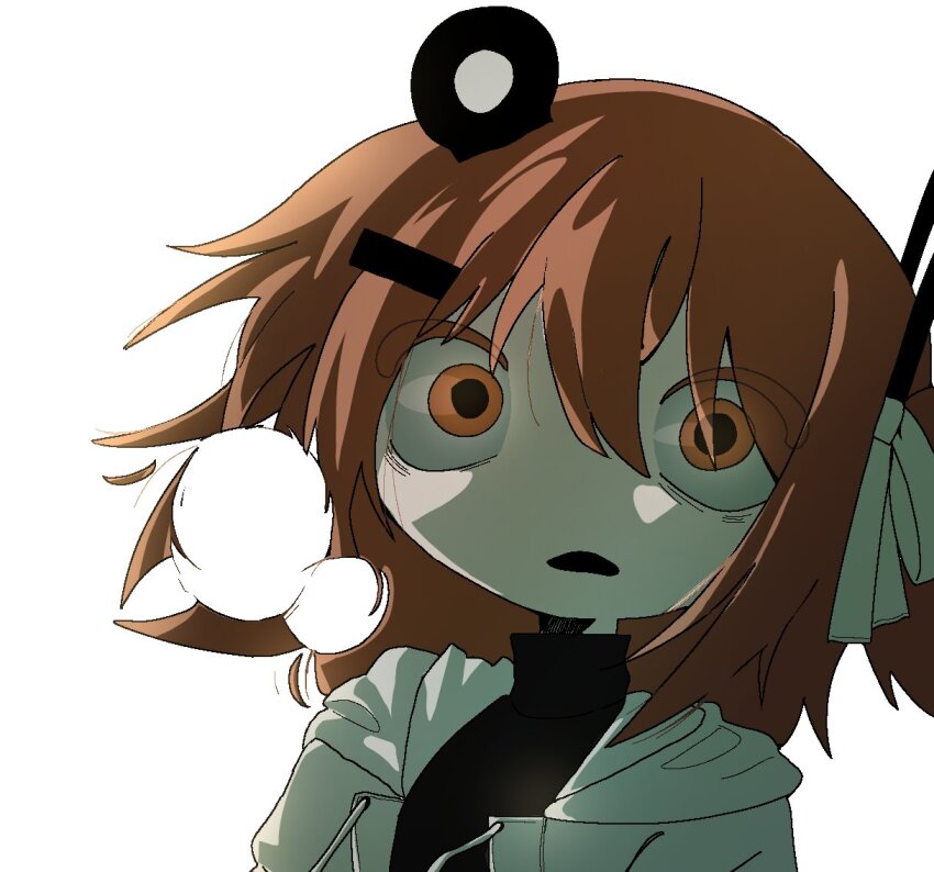 1girl, a.i._voice, adachi_rei, black_shirt, drawstring, hair_ornament, hair_ribbon, hairclip