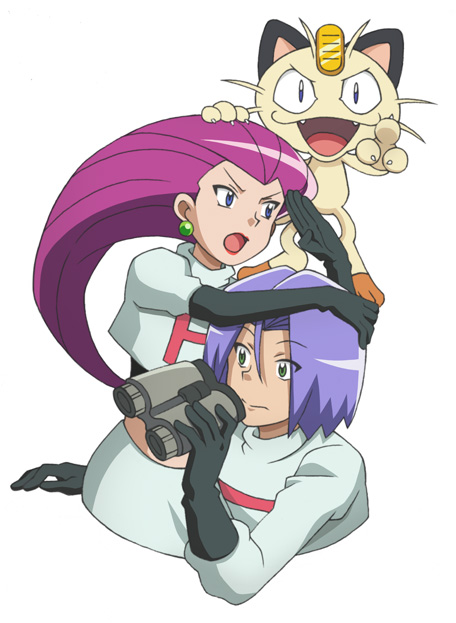 1boy, 1girl, black_gloves, blue_eyes, gen_1_pokemon, gloves, google, green_eyes, james_(pokemon), jessie_(pokemon), looking_at_viewer, meowth, musashi_(shugo_chara!), nintendo, pink_hair, pokemon, pokemon_(anime), pokemon_(classic_anime), pokemon_(creature), purple_hair, rn_(nyasuke), team_rocket, white_background