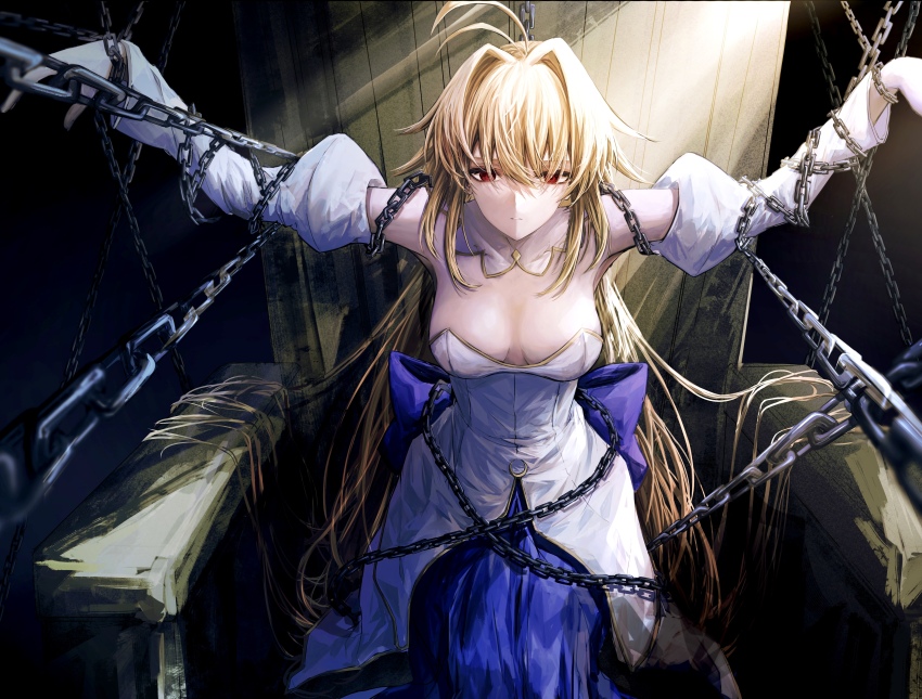 1girl, absurdres, antenna_hair, archetype_earth, arcueid_brunestud, bare_shoulders, blonde_hair, blue_skirt