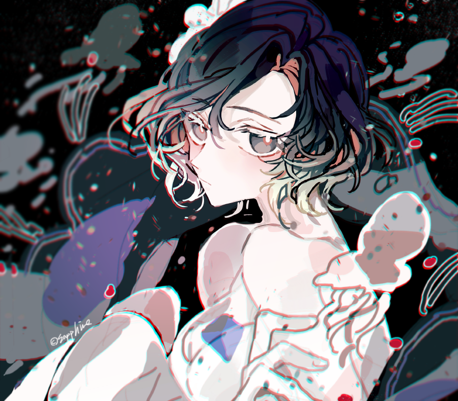 1girl, bare_shoulders, black_eyes, black_hair, breasts, cleavage, closed_mouth, dress