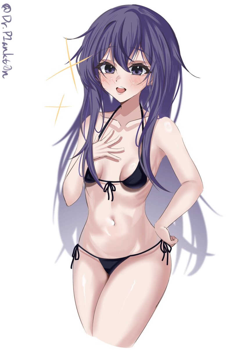 1girl, akatsuki_(kancolle), bare_shoulders, bikini, blush, breasts, collarbone, cropped_legs