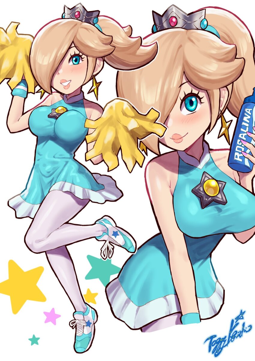1girl, aqua_dress, aqua_eyes, artist_logo, artist_name, bare_shoulders, blonde_hair, bottle