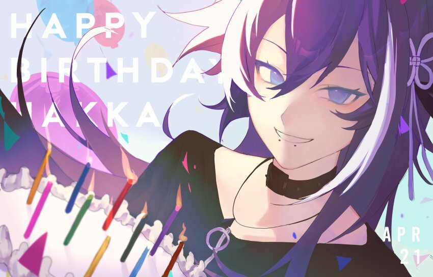 1boy, absurdres, androgynous, banzoin_hakka, banzoin_hakka_(2nd_costume), birthday_cake, black_choker, black_shirt