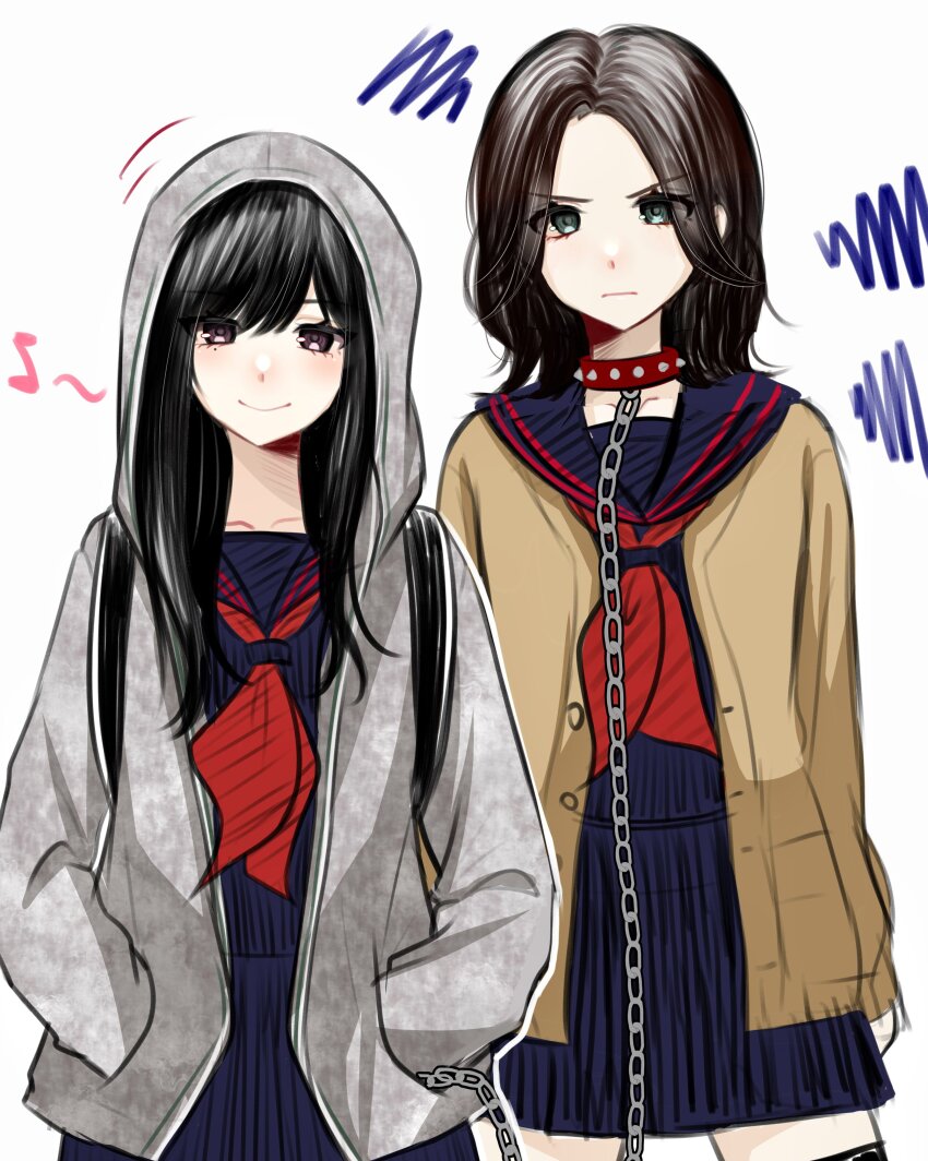 2girls, absurdres, akb48, black_hair, black_thighhighs, blue_sailor_collar, blue_serafuku, blue_shirt