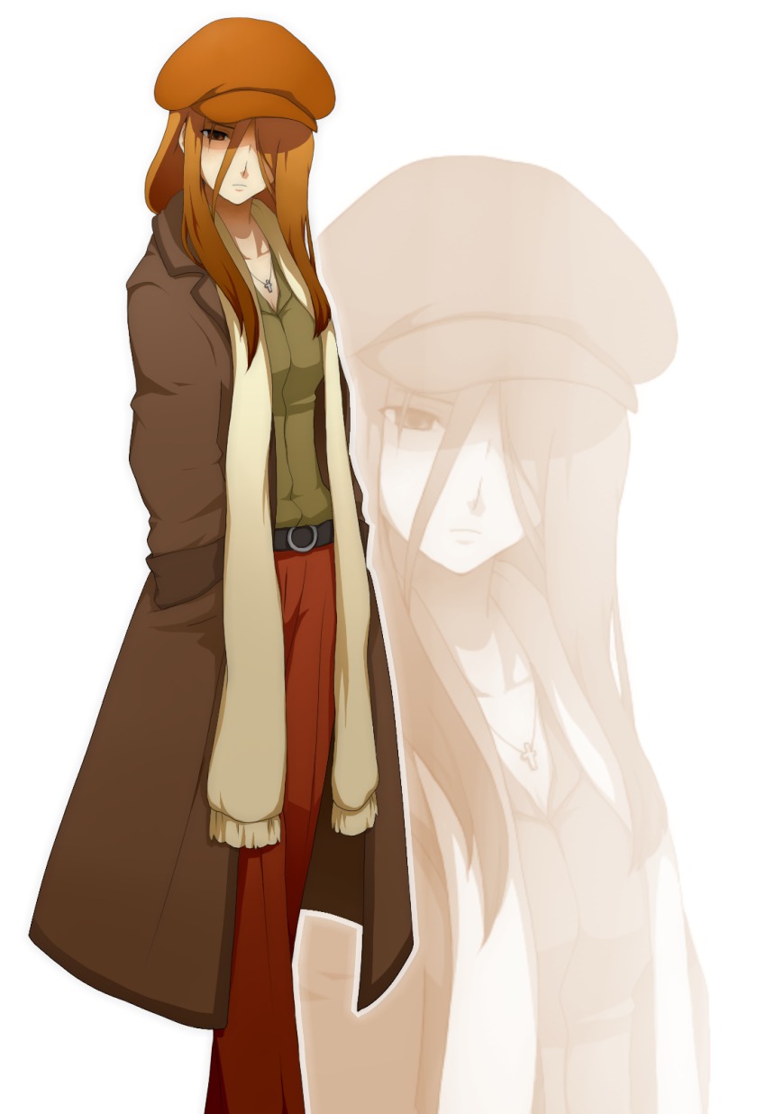 1girl, bad_id, bad_pixiv_id, belt, brown_eyes, brown_hair, newsboy_cap, coat