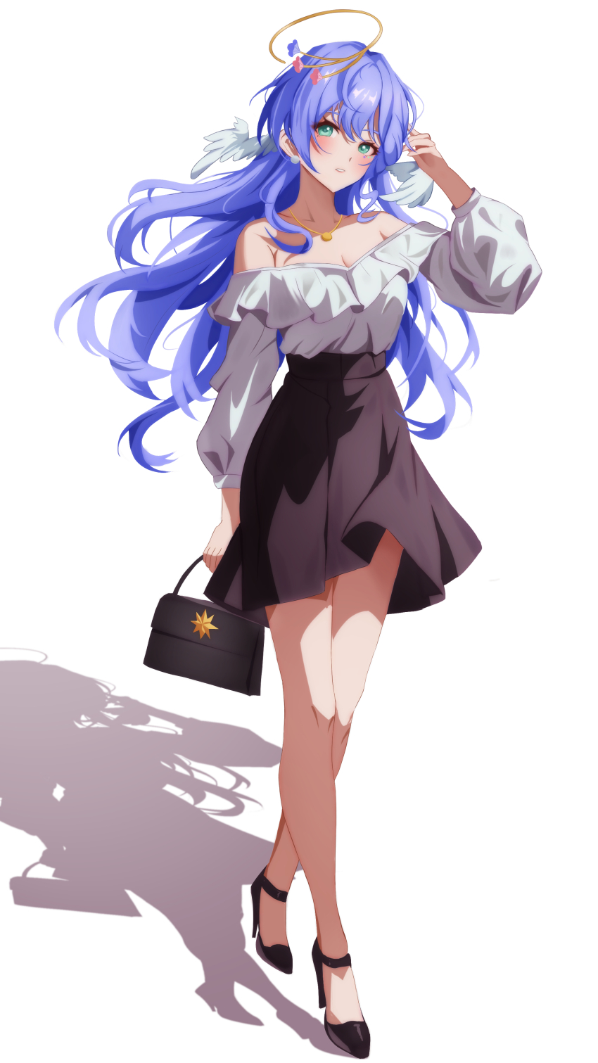 1girl, absurdres, alternate_costume, bag, bare_shoulders, black_bag, black_skirt, blue_hair, breasts, casual, cleavage, collarbone, crossed_legs, earrings, euzh266, green_eyes, halo, handbag, head_wings, high-waist_skirt, high_heels, highres, honkai:_star_rail, honkai_(series), jewelry, long_hair, looking_afar, looking_to_the_side, medium_breasts, off-shoulder_shirt, off_shoulder, parted_lips, robin_(honkai:_star_rail), shadow, shirt, shirt_tucked_in, sidelocks, skirt, solo, watson_cross, white_background, white_shirt, wings