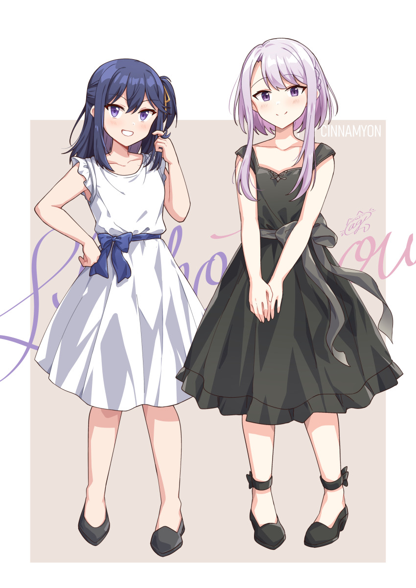 2girls, absurdres, aged_down, amasawa_kyou, artist_name, bare_arms, black_dress, black_footwear, blue_hair, blush, brown_background, character_name, cinnamyon, closed_mouth, commentary, dress, english_commentary, grin, highres, izumi_shiho, long_hair, multiple_girls, one_side_up, open_mouth, purple_eyes, purple_hair, sasayaku_you_ni_koi_wo_utau, sleeveless, sleeveless_dress, smile, two-tone_background, white_background, white_dress