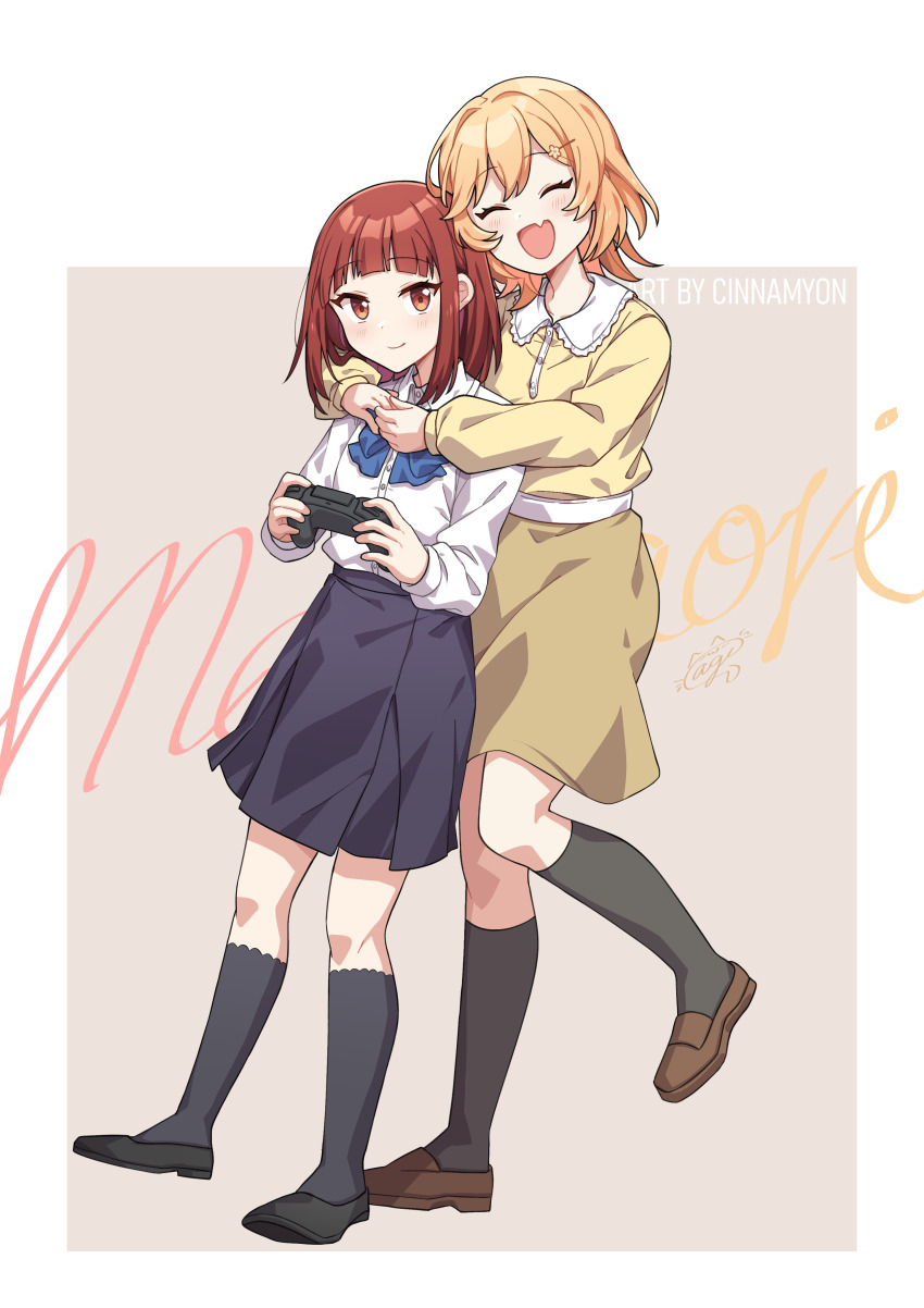 2girls, absurdres, aged_down, artist_name, black_footwear, black_skirt, black_socks, blonde_hair