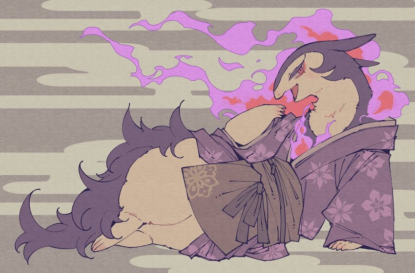 brown_background, brown_fur, claws, clothing_request, colored_eyelashes, eyeliner, fang, fire