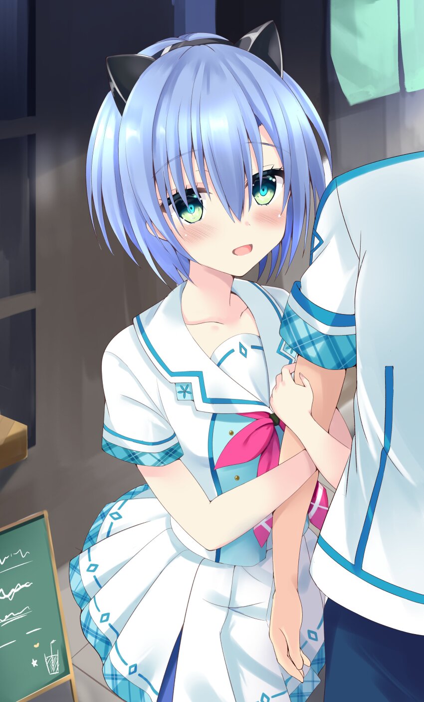 1boy, 1girl, absurdres, animal_ears, arm_hug, blue_hair, blush, bright_pupils