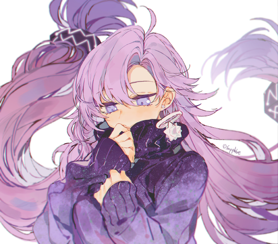 1girl, ahoge, closed_mouth, earrings, forever_7th_capital, hand_up, jewelry, long_hair, low-tied_long_hair, lulu_(forever_7th_capital), purple_eyes, purple_hair, purple_sweater, sapphire_(nine), simple_background, solo, star_(symbol), star_earrings, sweater, turtleneck, turtleneck_sweater, upper_body, white_background