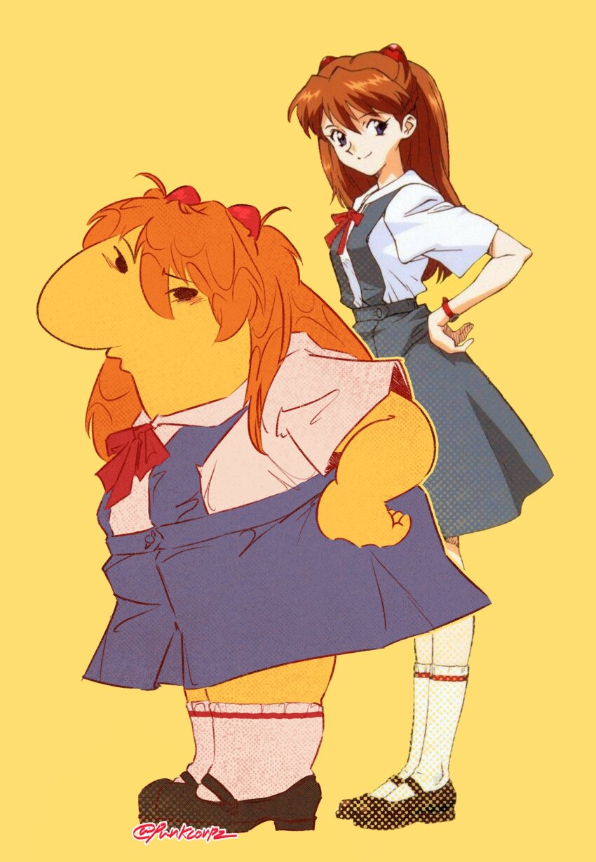 1boy, 1girl, black_footwear, blue_skirt, bracelet, charlie_dompler, full_body, hairpods, highres, jewelry, long_hair, neck_ribbon, neon_genesis_evangelion, orange_hair, punkcorpz, red_ribbon, ribbon, school_uniform, shirt, skirt, smiling_friends, souryuu_asuka_langley, standing, suspender_skirt, suspenders, tokyo-3_middle_school_uniform, white_shirt, yellow_background