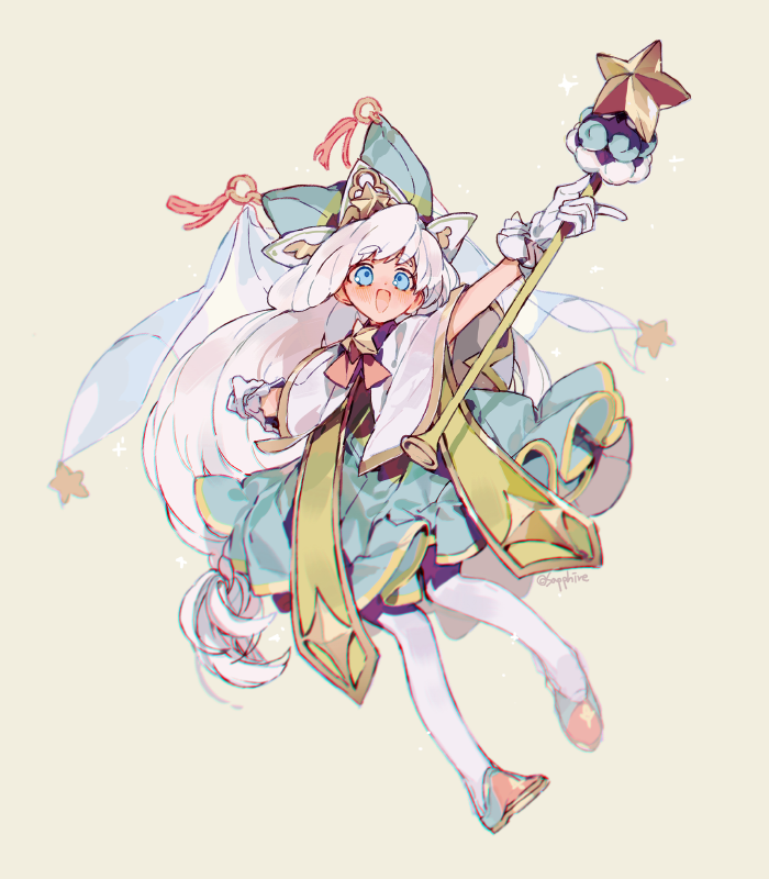 1girl, aqua_dress, aqua_hat, aqua_shoes, arm_up, blue_eyes, blush, capelet, cookie_run, cookie_run:_ovenbreak, cream_puff_cookie, cream_puff_cookie_(starpath_conjurer), dress, full_body, gloves, hat, holding, holding_staff, official_alternate_costume, open_mouth, pantyhose, sapphire_(nine), shoes, simple_background, smile, solo, staff, stole, white_background, white_capelet, white_gloves, white_pantyhose