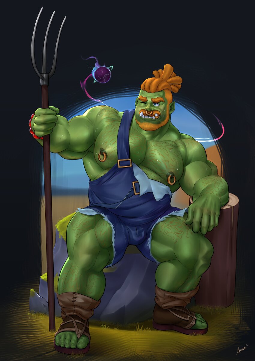 1boy, abs, absurdres, bara, bare_pectorals, beard, bulge, colored_skin