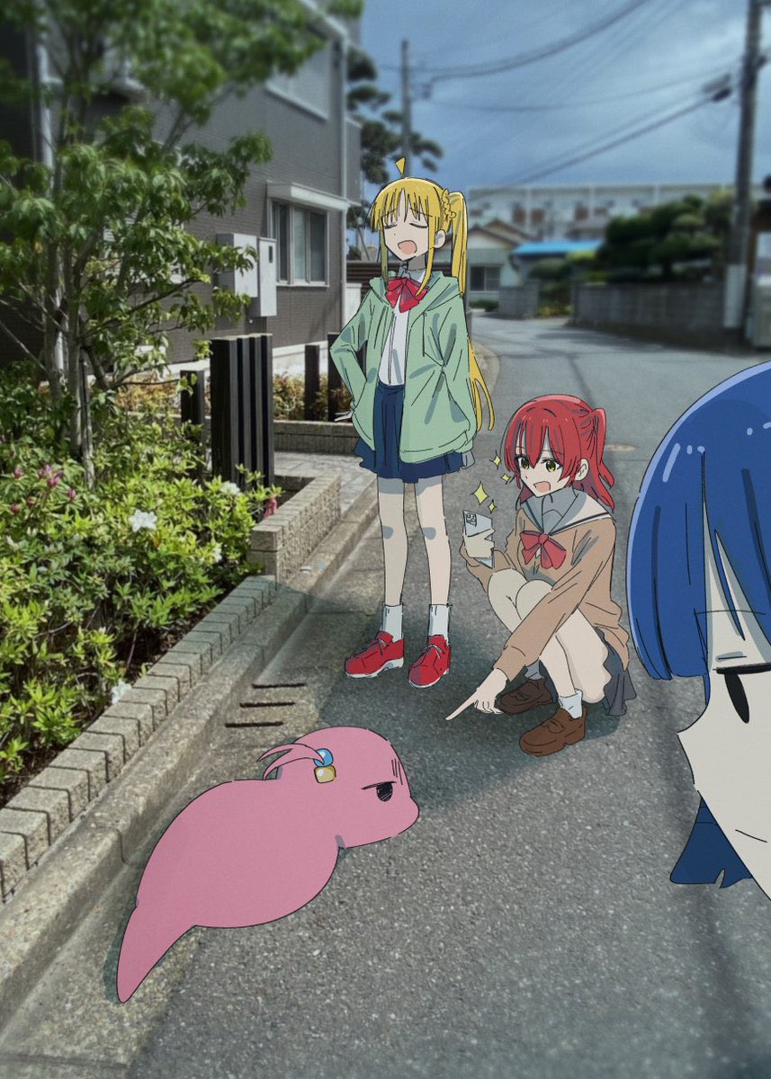 4girls, 818_seki, ahoge, animalization, blonde_hair, blue_hair, blue_skirt, bocchi_the_rock!