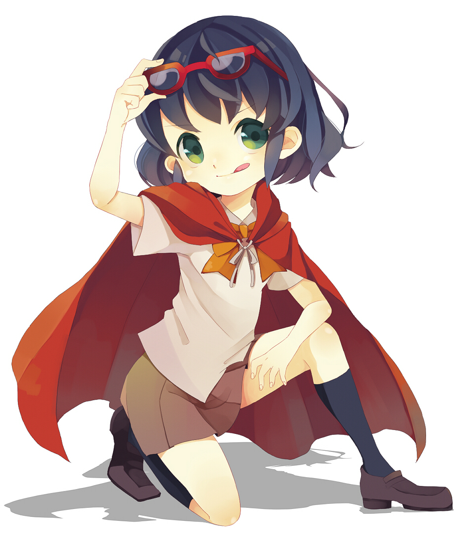 1girl, :p, blue_hair, blue_legwear, bow, bowtie, cape, eyewear_on_head