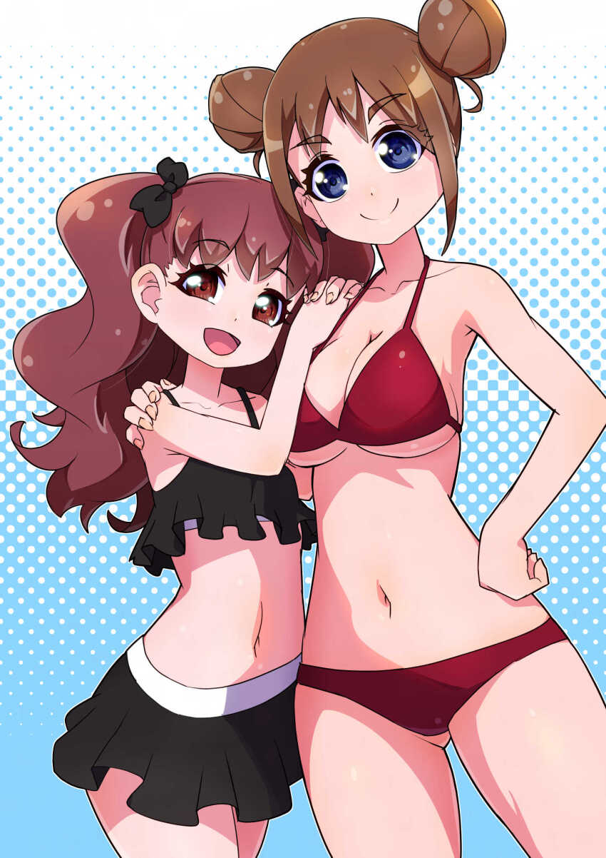 2girls, alternate_breast_size, ben-day_dots, bikini, bikini_skirt, black_bikini, blue_eyes, breasts