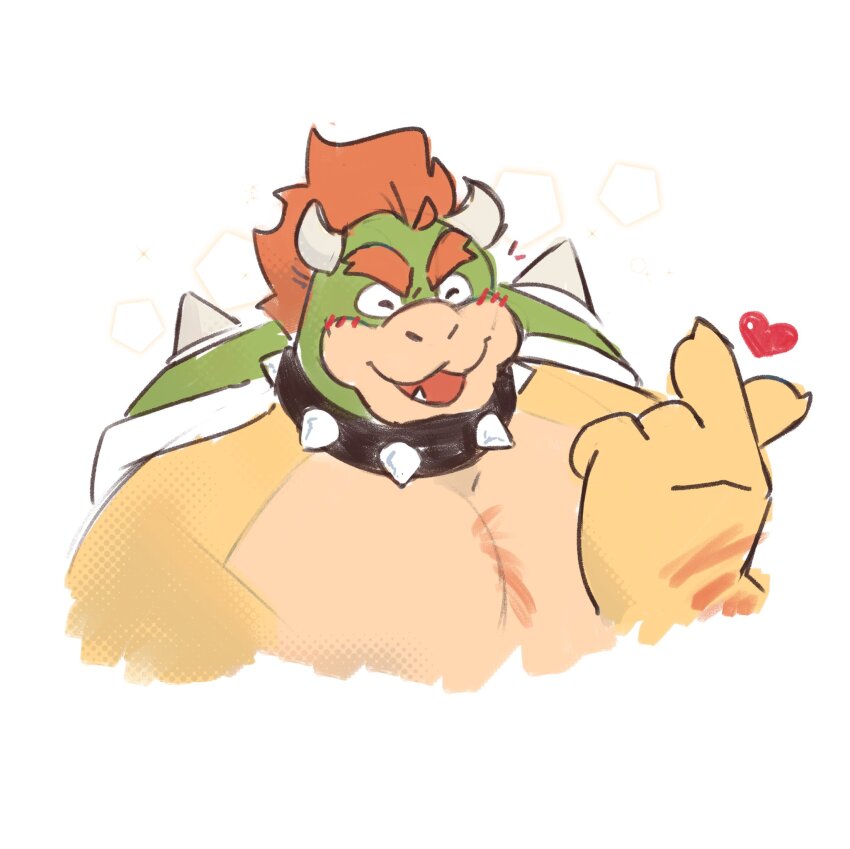 1boy, ^_^, bara, bowser, closed_eyes, collar, cropped_torso, fang
