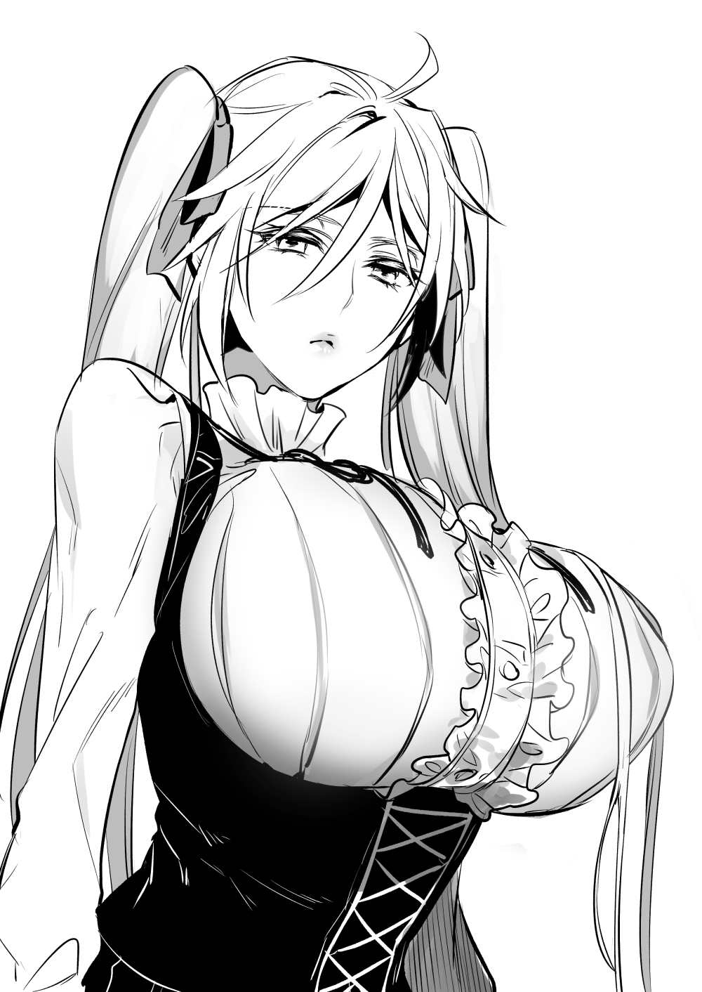 1girl, ahoge, alternate_breast_size_(larger), angelica_ainsworth, breasts, buttons, center_frills, commentary