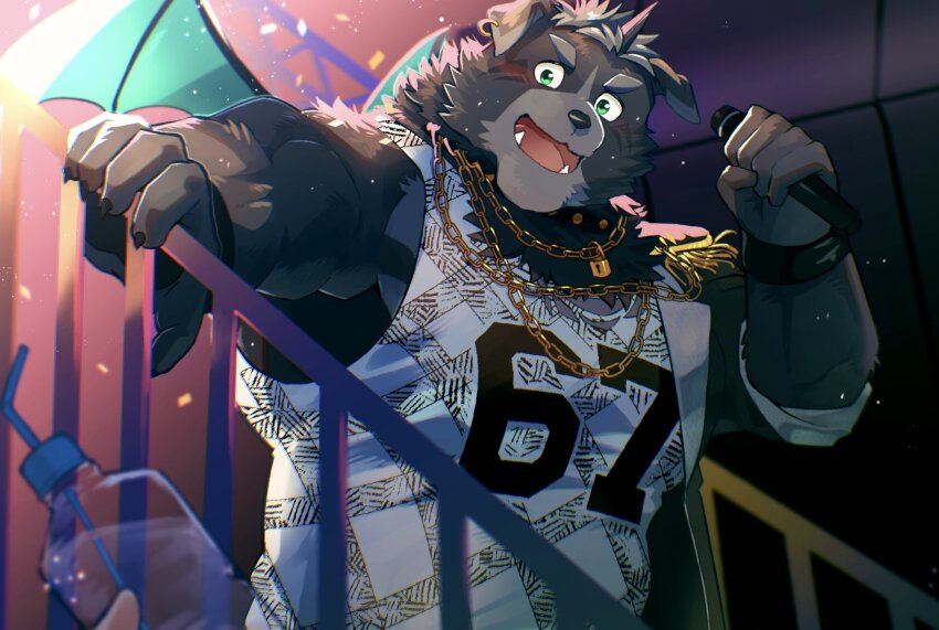 1boy, amduscias_(housamo), animal_collar, animal_ear_piercing, bara, black_fur, bottle, chain