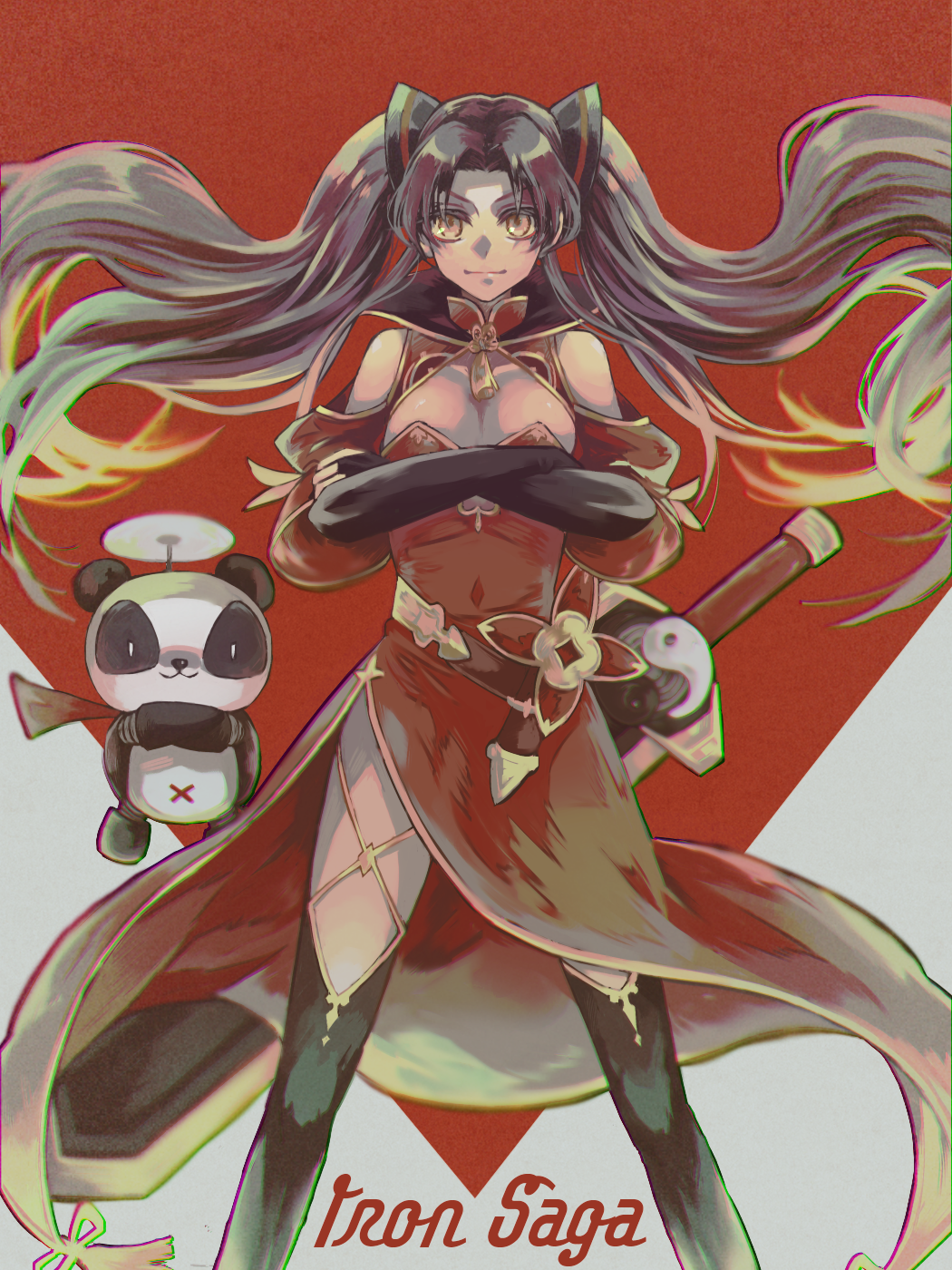 1girl, bare_shoulders, black_hair, black_thighhighs, breasts, chinese_clothes, closed_mouth, copyright_name, elbow_gloves, floating, gloves, gunbuster_pose, highres, hong_xiaoyu_(iron_saga), iron_saga, long_hair, moashizka, panda, sword, tassel, thighhighs, twintails, weapon, yellow_eyes, yin_yang