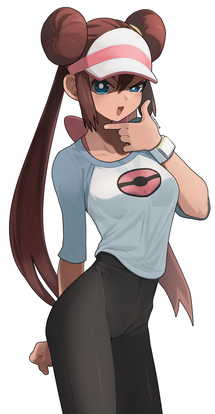 1girl, :d, absurdres, black_pantyhose, blue_eyes, blush, bright_pupils, brown_hair, clip_studio_paint_(medium), collarbone, commentary_request, cowboy_shot, double_bun, eudetenis, eyelashes, hair_bun, half-closed_eye, hand_on_own_chin, hand_up, highres, long_hair, looking_at_viewer, nintendo, open_mouth, pantyhose, pokemon, pokemon_black_2_and_white_2, raglan_sleeves, rosa_(pokemon), shirt, simple_background, smile, solo, stroking_own_chin, twintails, visor_cap, white_background, white_pupils, xtransceiver