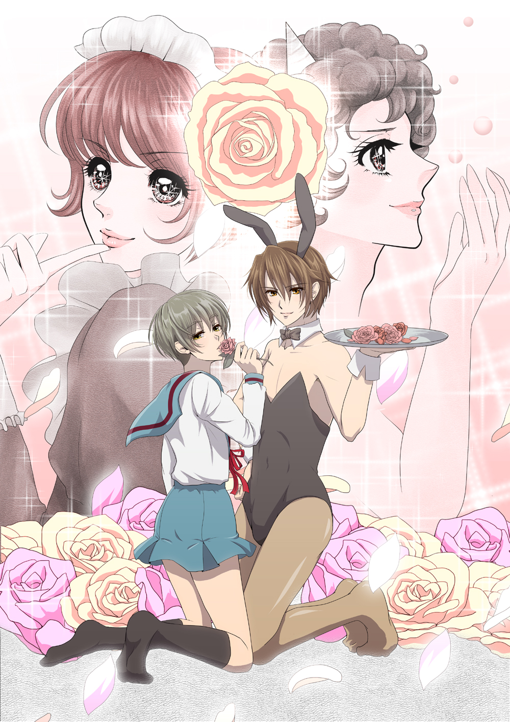 2boys, animal_ears, bad_id, bad_pixiv_id, bow, bowtie, brown_hair, bulge