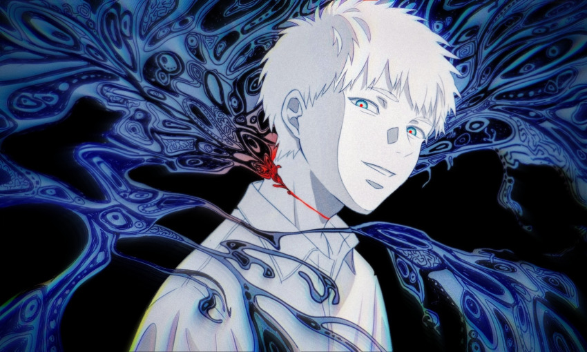 1boy, black_background, bleeding, blood, blue_eyes, collared_shirt, colored_skin, highres, hikaru_ga_shinda_natsu, indou_hikaru, looking_at_viewer, male_focus, multicolored_eyes, nano_(h-koki0911), red_pupils, scar, scar_on_face, scar_on_nose, school_uniform, shirt, short_hair, slit_throat, smile, solo, upper_body, white_hair, white_skin