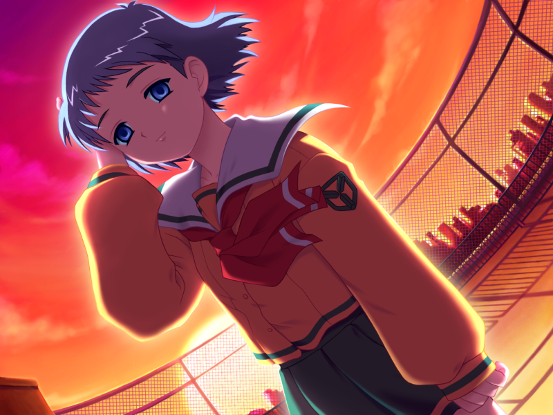 1girl, blue_eyes, blue_hair, buttons, chain-link_fence, closed_mouth, cloud, dusk, empty_eyes, fence, floating_hair, game_cg, green_skirt, hand_on_own_head, hiro_kikunosuke, light_smile, looking_at_viewer, neckerchief, non-web_source, official_art, orange_sky, pleated_skirt, purple_sky, red_neckerchief, red_sky, sailor_collar, school_uniform, self-datamine, serafuku, shizuku_(game), short_hair, skirt, sky, solo, sun, sweater, tsukishima_ruriko, white_sailor_collar, yellow_sweater