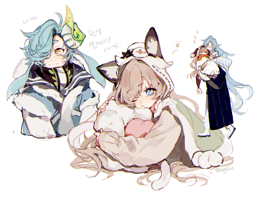 1girl, 2boys, blue_hair, bonnie_(forever_7th_capital), brown_hair, can_lang, carrying, coat, coruno_(forever_7th_capital), forever_7th_capital, hugging_object, long_hair, long_sleeves, looking_at_viewer, multiple_boys, one_eye_closed, pillow, sapphire_(nine), simple_background, very_long_hair, white_background, white_coat