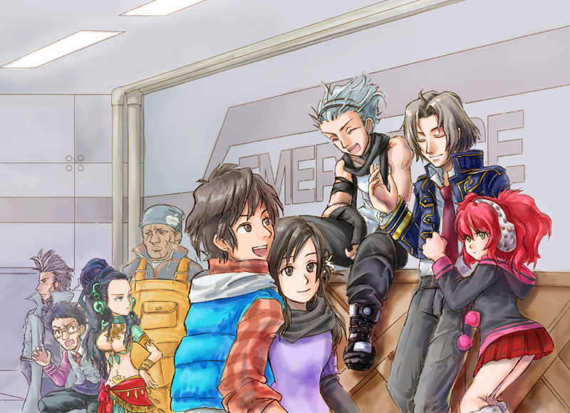 3girls, 6+boys, ass, blush, chunsoft, couch, everyone, fuju, hairband, headphones, ichimiya_(kyokugen_dasshutsu), indoors, junpei_(kyokugen_dasshutsu), kneeling, kyokugen_dasshutsu, kyokugen_dasshutsu:_9_jikan_9_nin_9_no_tobira, long_sleeves, multiple_boys, multiple_girls, kurashiki_akane, niels_(kyokugen_dasshutsu), ninth_man_(kyokugen_dasshutsu), ponytail, red_skirt, santa_(kyokugen_dasshutsu), scarf, seven_(kyokugen_dasshutsu), skirt, smile, vest, yashiro_(kyokugen_dasshutsu), yotsuba_(kyokugen_dasshutsu)