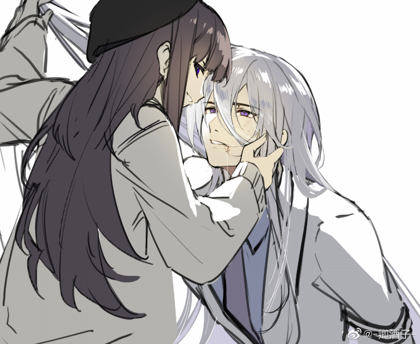 1boy, 1girl, arms_behind_back, blue_shirt, blunt_bangs, bound, bound_arms, cael_anselm