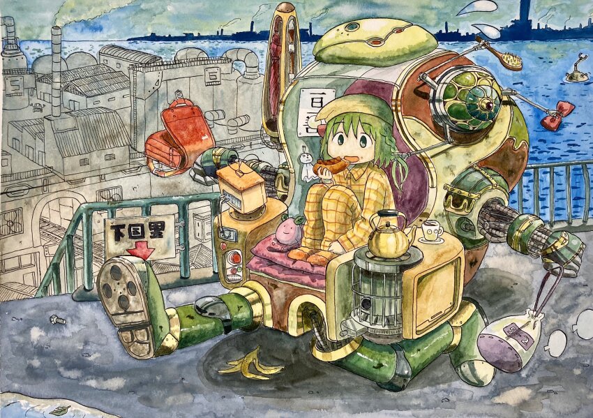 1girl, backpack, bag, banana_peel, bow, braid, chair, city