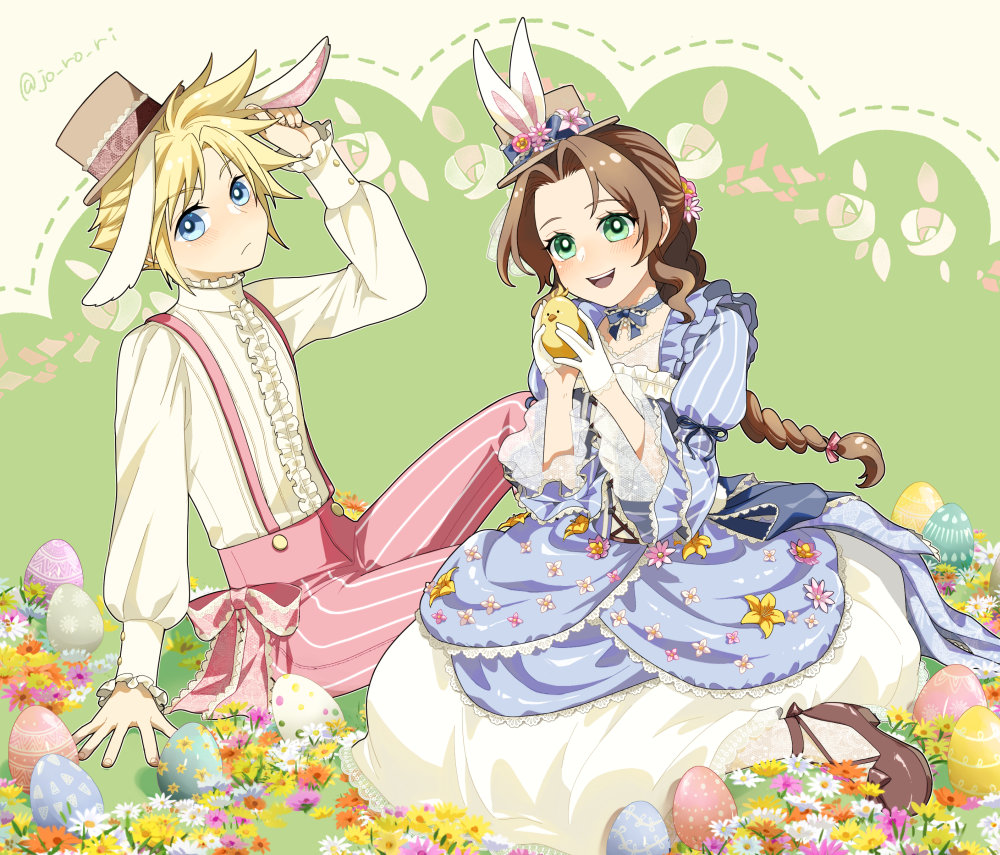 1boy, 1girl, aerith_gainsborough, aerith_gainsborough_(classic_coney), alternate_costume, animal_ears, blonde_hair, blue_choker, blue_dress, blue_eyes, blush, bow, braid, braided_ponytail, brown_footwear, brown_hair, chocobo, choker, dress, easter, easter_egg, egg, final_fantasy, final_fantasy_vii, final_fantasy_vii:_ever_crisis, flower, full_body, gloves, green_background, green_eyes, hair_flower, hair_ornament, half_gloves, hat, jo_ro_ri, juliet_sleeves, kneeling, long_dress, long_sleeves, mini_hat, official_alternate_costume, open_mouth, pants, parted_bangs, pink_bow, pink_pants, puffy_sleeves, rabbit_boy, rabbit_ears, rabbit_girl, ribbon_choker, shirt, short_hair, sidelocks, single_braid, sitting, smile, spiked_hair, striped_clothes, striped_pants, suspenders, twitter_username, white_gloves, white_shirt