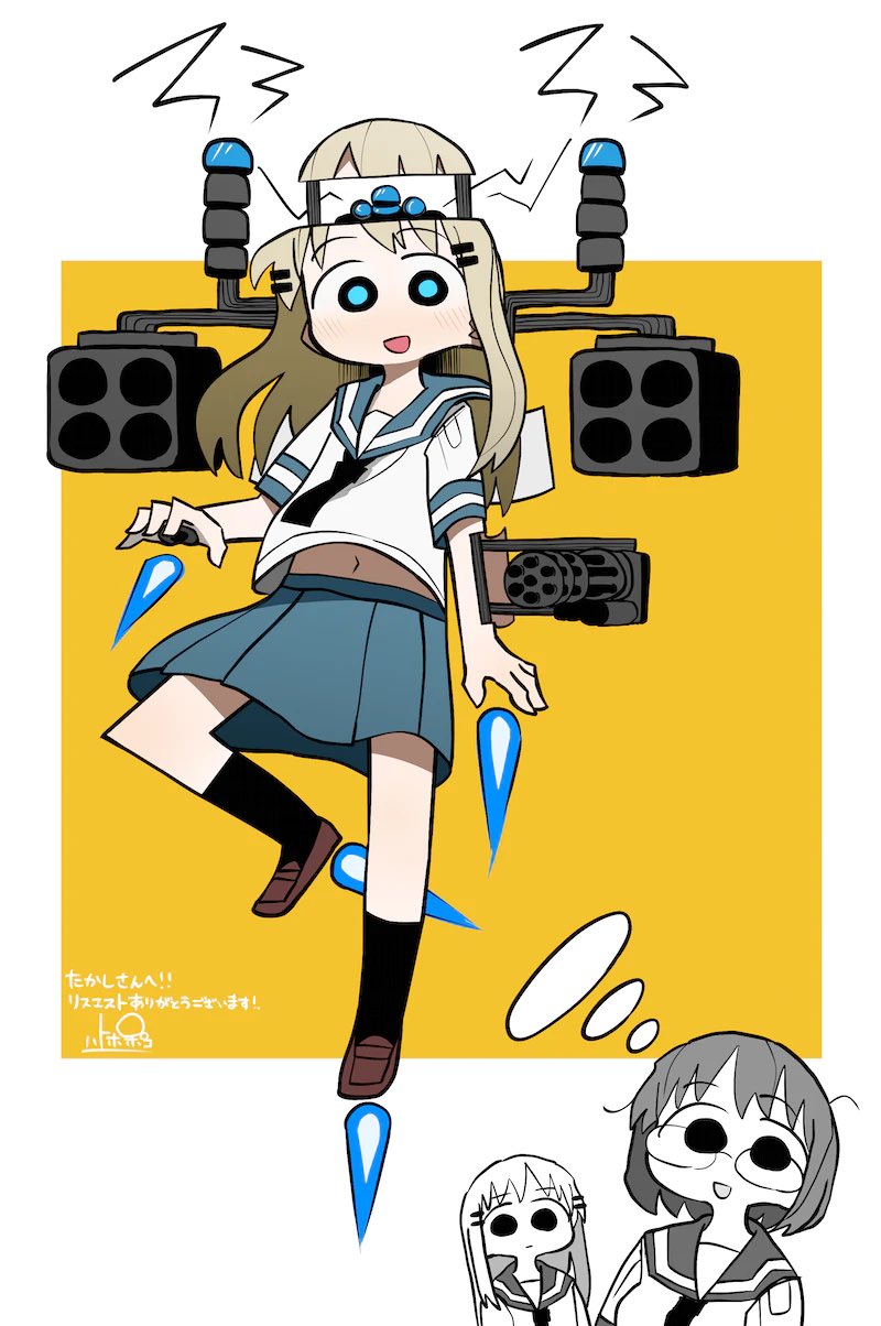 2girls, alternate_eye_color, android, arm_mounted_weapon, black_eyes, blonde_hair, blue_fire, blue_pupils