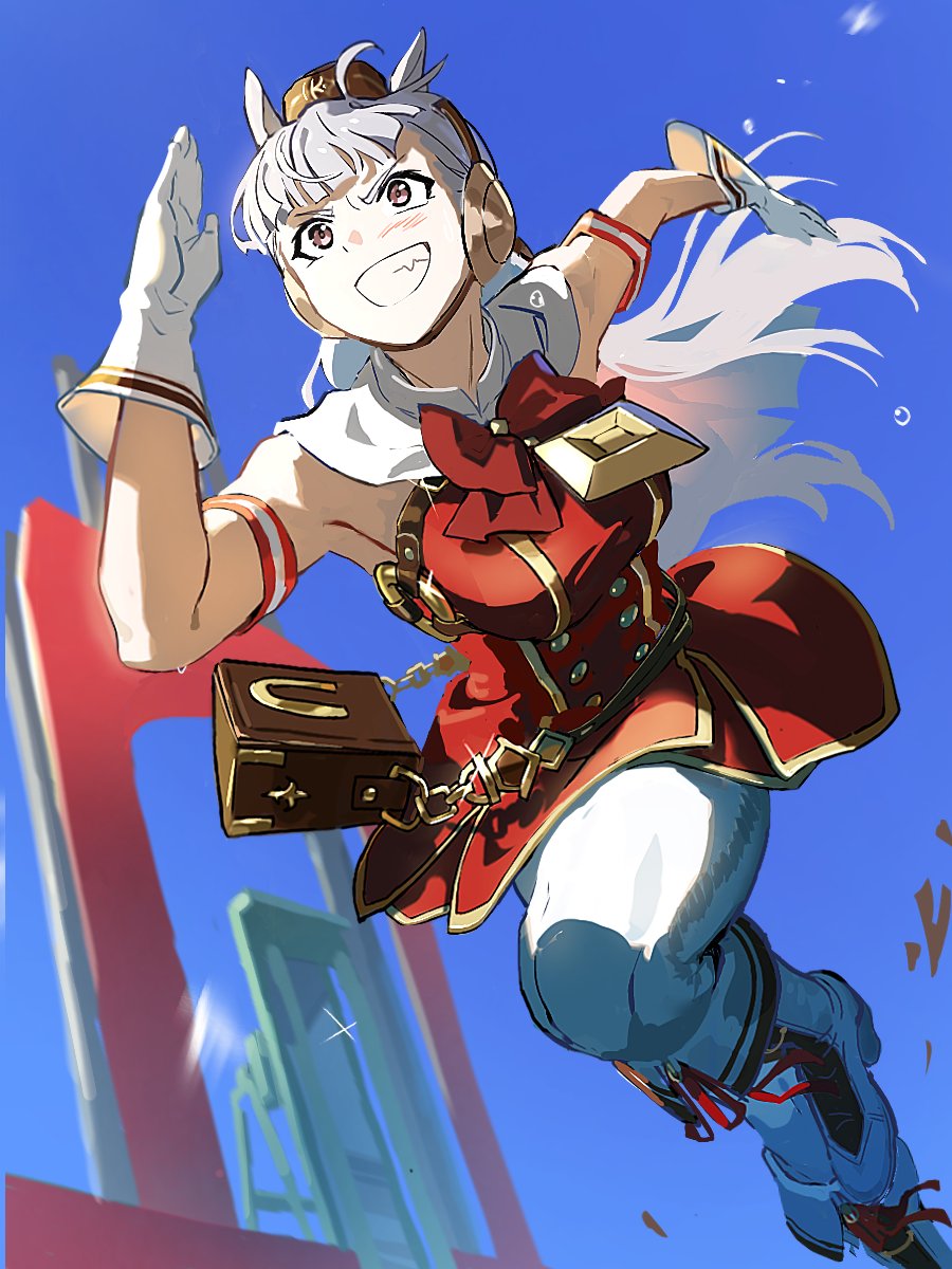 1girl, animal_ears, armpits, blue_sky, boots, bow, bowtie, commentary