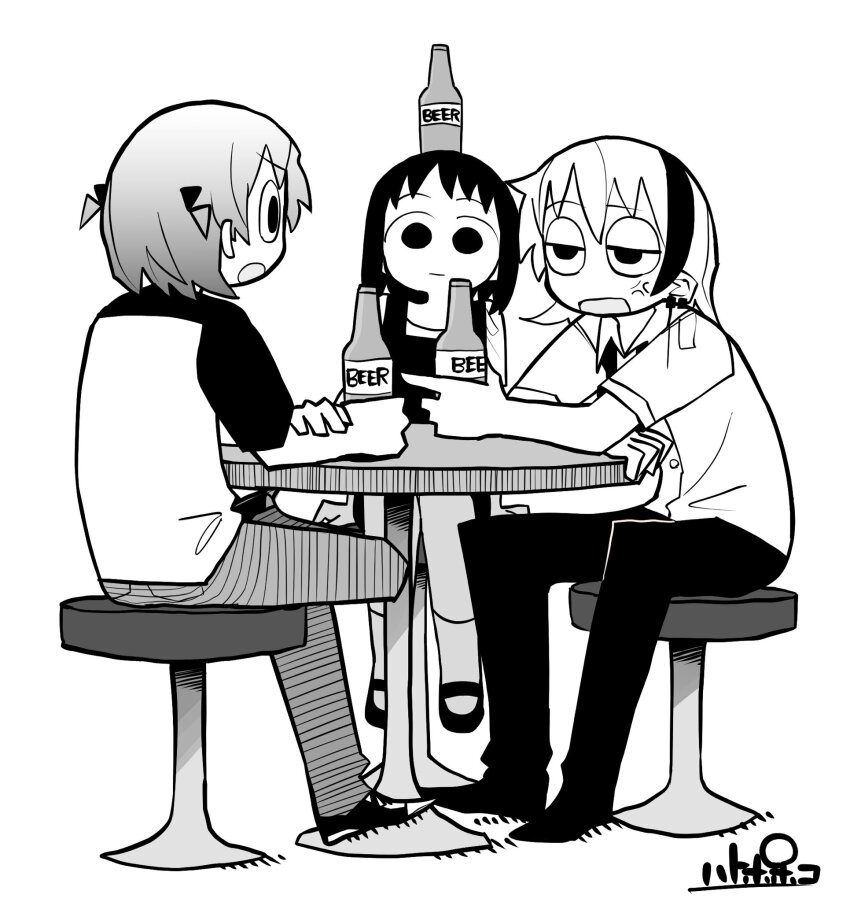 3girls, :|, anger_vein, annoyed, beer_bottle, bottle, bottle_on_head, closed_mouth
