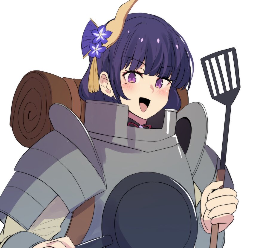 1girl, :d, armor, breastplate, commentary, cosplay, dungeon_meshi, frying_pan