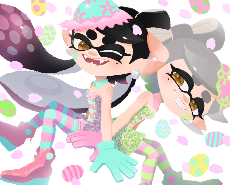 +_+, 2girls, black_hair, callie_(splatoon), callie_(springfest)_(splatoon), cousins, grey_hair, inkling