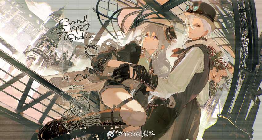 1boy, 1girl, absurdres, bags_under_eyes, bead_necklace, beads, belt, belt_buckle